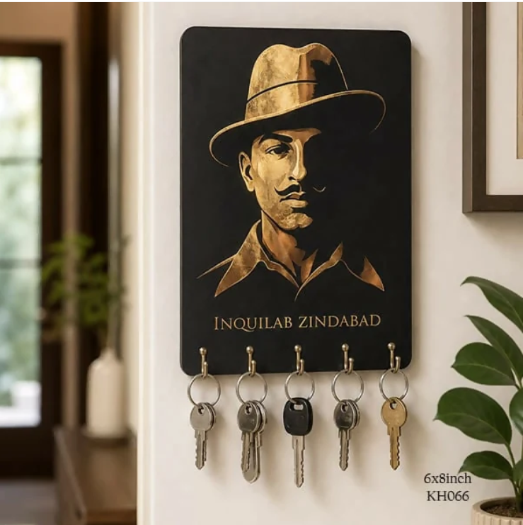 Bhagat Singh Wooden Key Holder – Patriotic Wall Organizer for Home & Office